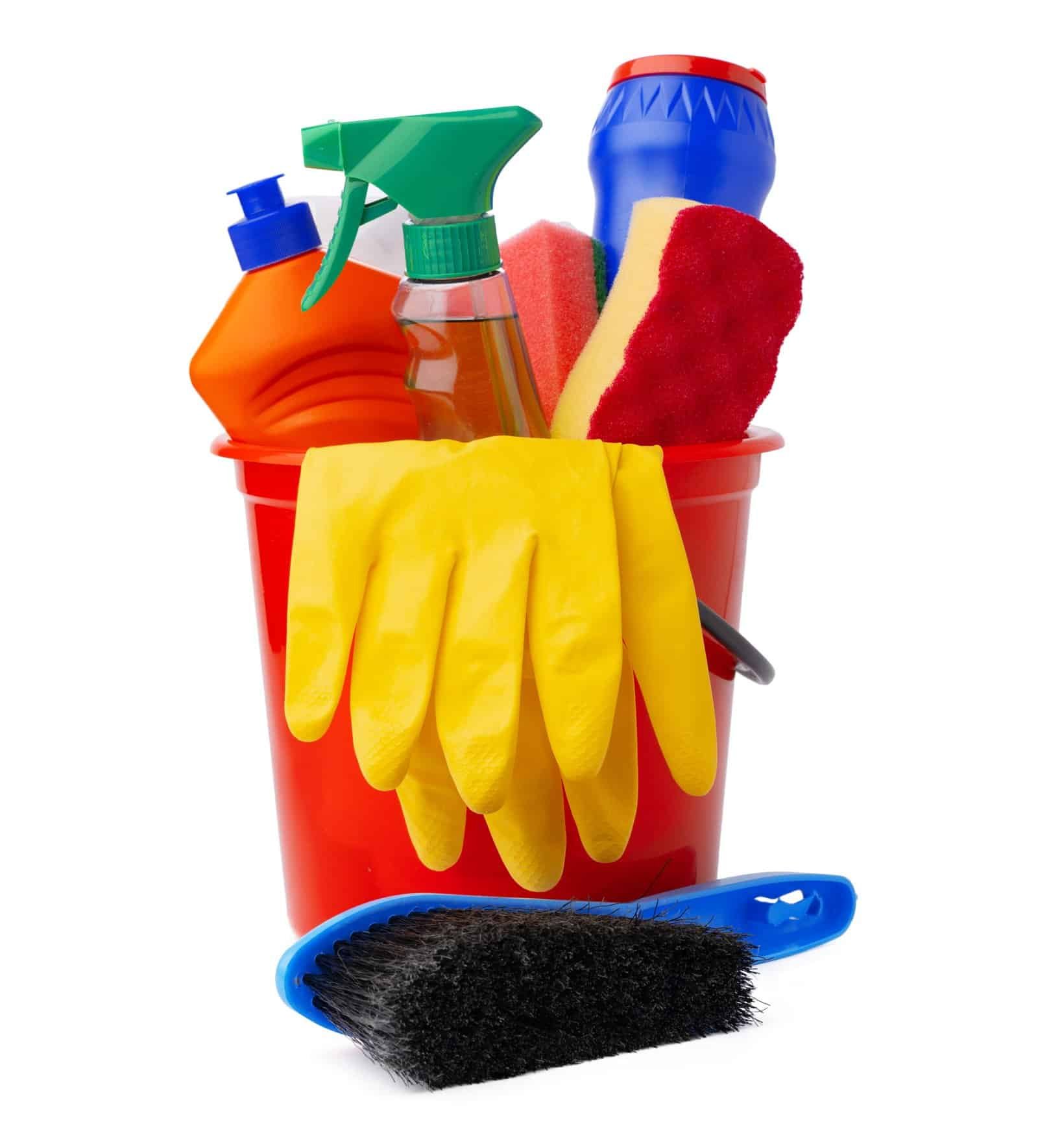 Versatile cleaning supplies including gloves, spray bottles, sponges, and scrub brush for home cleaning.